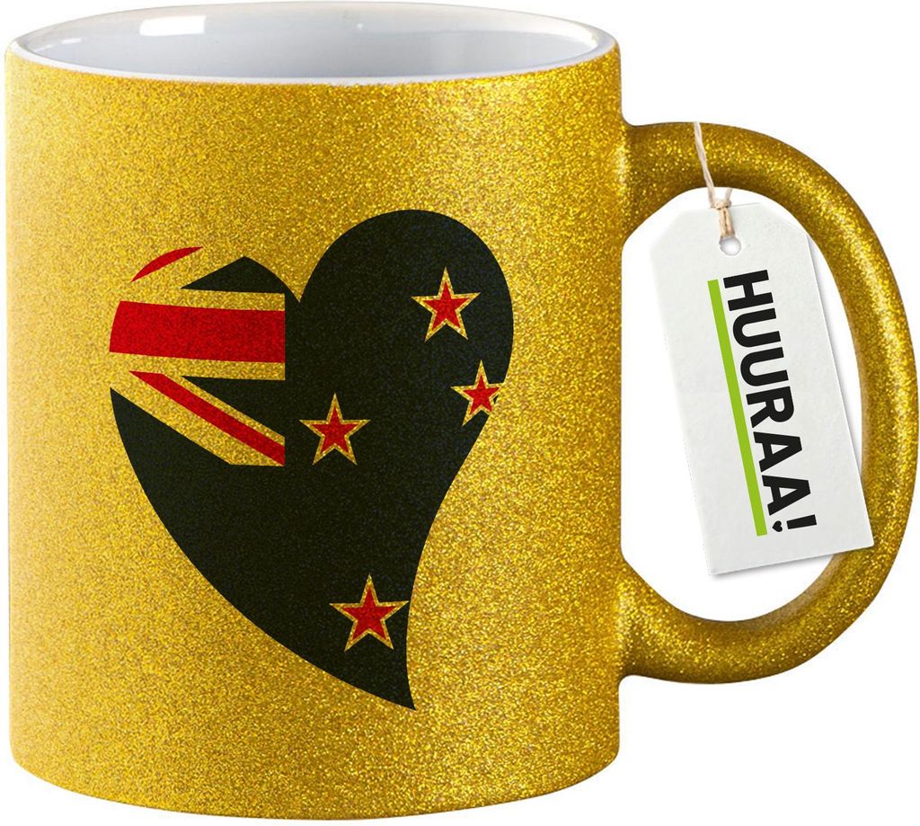 Huuraa Glitzertasse Neuseeland Flagge Herz 330ml Gold Keramik Kaffeebecher Geschenkidee