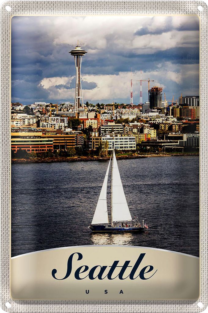 Blechschild Reise 40x30cm Seattle USA Boot Schiff Stadt Meer