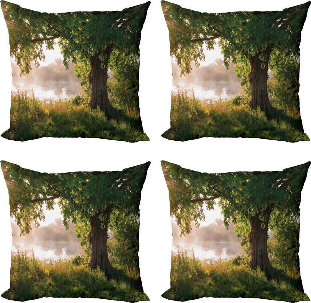 ABAKUHAUS Baum Kissenbezug Set (4 Stück), Stream Mystic Foggy Szene, Moderner Doppelseitiger Digitaldruck, 50 cm x 50 cm, Braun, Grün, Staub
