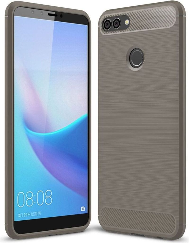 Huawei Y9 2018 Hülle Silikon Grau Carbon Optik Case TPU Handyhülle Bumper 211759