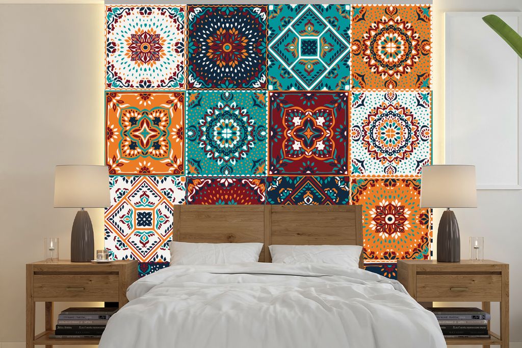 MuchoWow Fototapete für Wohnzimmer oder Schlafzimmer Wandtapete Vinyl Motivtapete Retro - Blatt - Design - Orange - Braun - 220x220 cm - Tapeten