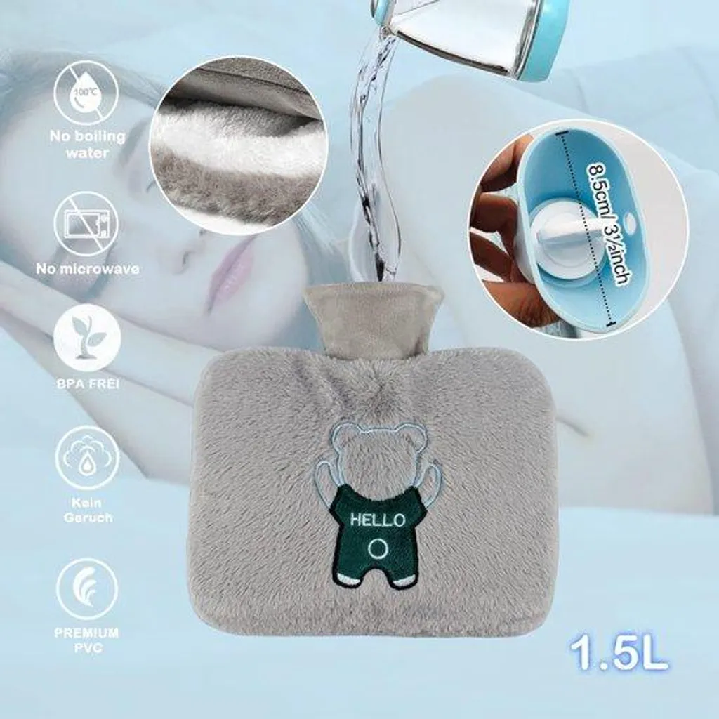 Bouillotte 1,5 litre grise ultra souple, diffusion chaleur douce