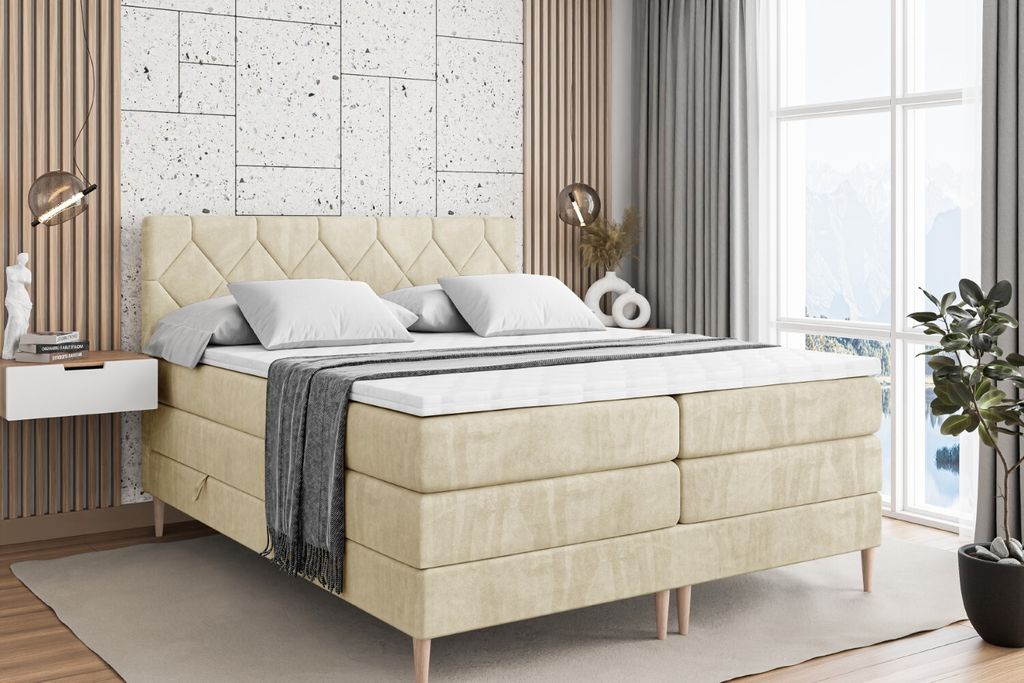 ALTDECOR Boxspringbett mit Holz Füßen, Matratze und Lattenrost, Topper, Polsterbett mit Bettkasten, Bett mit Stauraum H3- und H4- Matratze, Doppe...