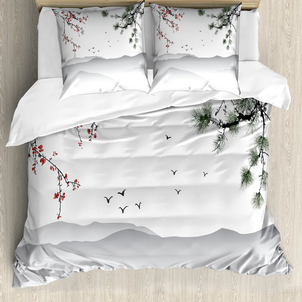 ABAKUHAUS Copripiumino con motivi floreali, grafica in stile cinese, antiacaro, adatto a chi soffre di allergie, con federe, 155 cm x 220 cm - 80 x 80 cm, rosso verde nero