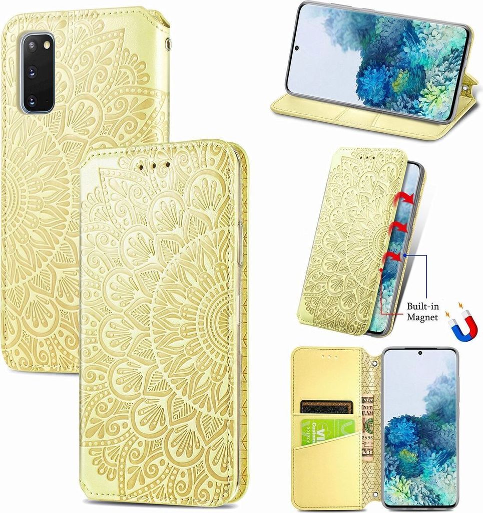 Handyhülle Schutztasche Case Cover Klapptache Wallet Bumper Etuis Mandala Blumen, Für Handy:Apple iPhone 12 / 12 Pro, Farbe:Gelb