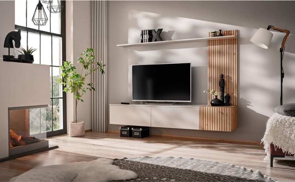 Wohnzimmer TV-Wohnwand mit 180 cm Breite in Kaschmir mit Eiche Wandpaneel - SANLORENZO-164