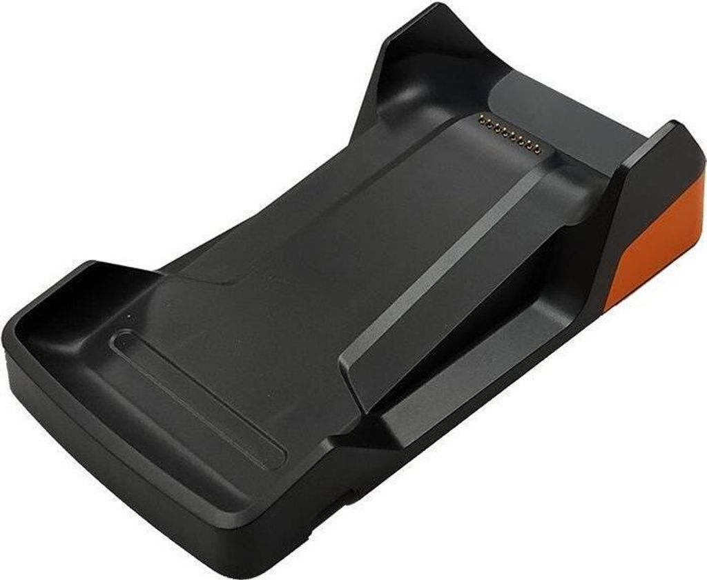 A black and orange charging dock for an electronic device.