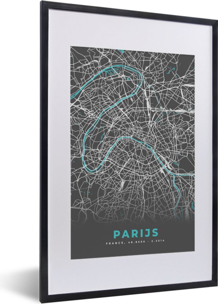 MuchoWow Gerahmtes Poster Paris - Blau - Karte - Stadtplan 40x60 cm - Poster mit Schwarzem Bilderrahmen Wandposter Rahmen Foto Bilder - Poster in...