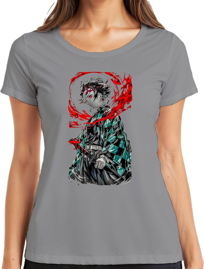 Tanjiro Kamado Demon Slayer Anime Schwert Blut Manga Geschenk Damen T-Shirt, Grau, 3XL