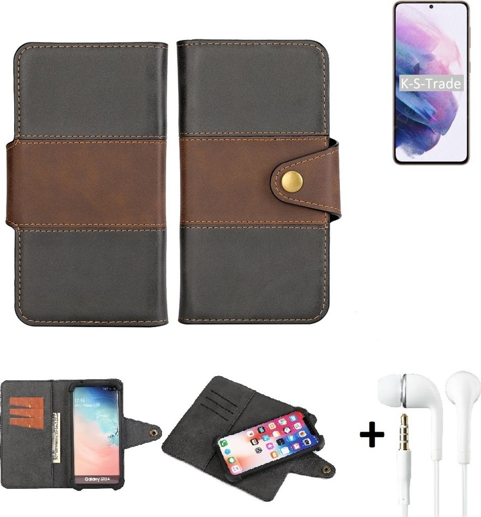 K-S-Trade Handyhülle Schutzhülle Bookstyle Wallet-Case kompatibel mit Samsung Galaxy S21 5G Exynos + earphones Bumper rundumschutz schwarz-braun 1x