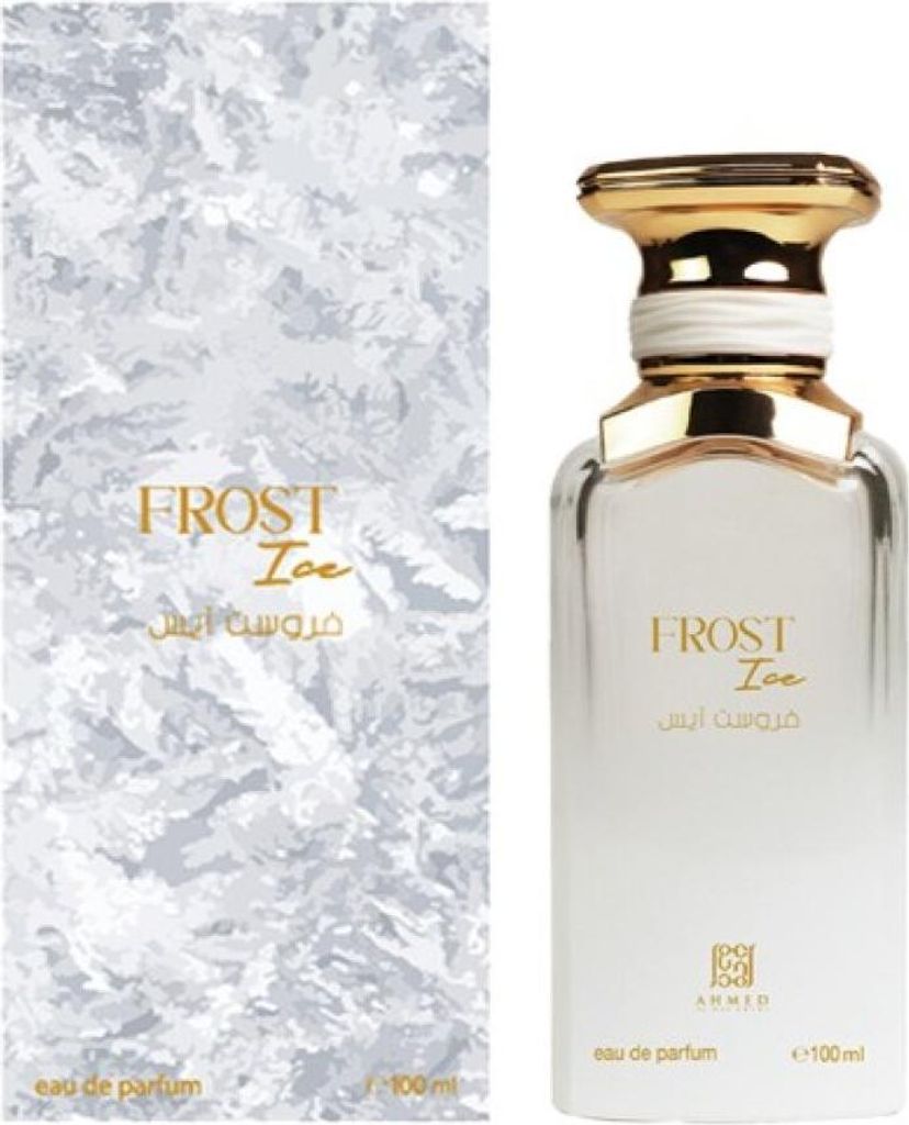 A perfume bottle and its packaging are displayed against a white background.