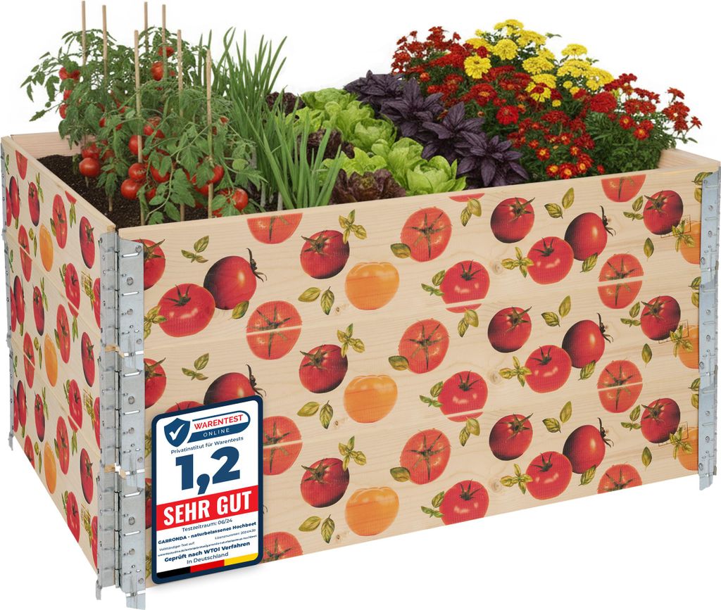 Garronda 3 Stück Holzaufsatzrahmen mit Print – Hochbeete für Pflanzen Blumen Obst Gemüse Holz mit dekorativem Druck Tomate