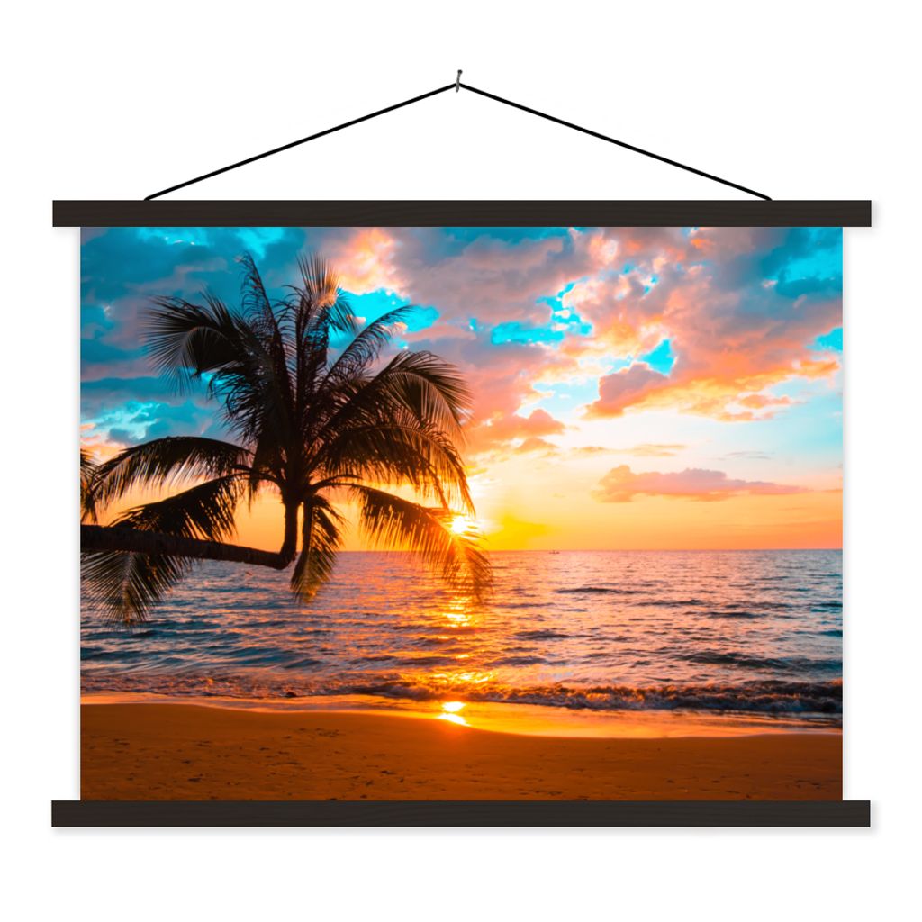 MuchoWow Textilposter Palme - Sonnenuntergang - Horizont - Strand - Meer - Tropisch 150x113 cm mit holzfarbenen Rahmen - Poster