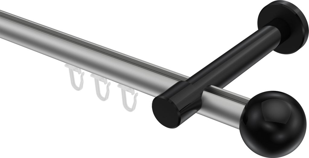 Interdeco Innenlaufstange / Gardinenstange mit Innenlauf Silbergrau / Schwarz, Typ Prestige Luino (Kugel), 20 mm Ø 1-läufig, 160 cm
