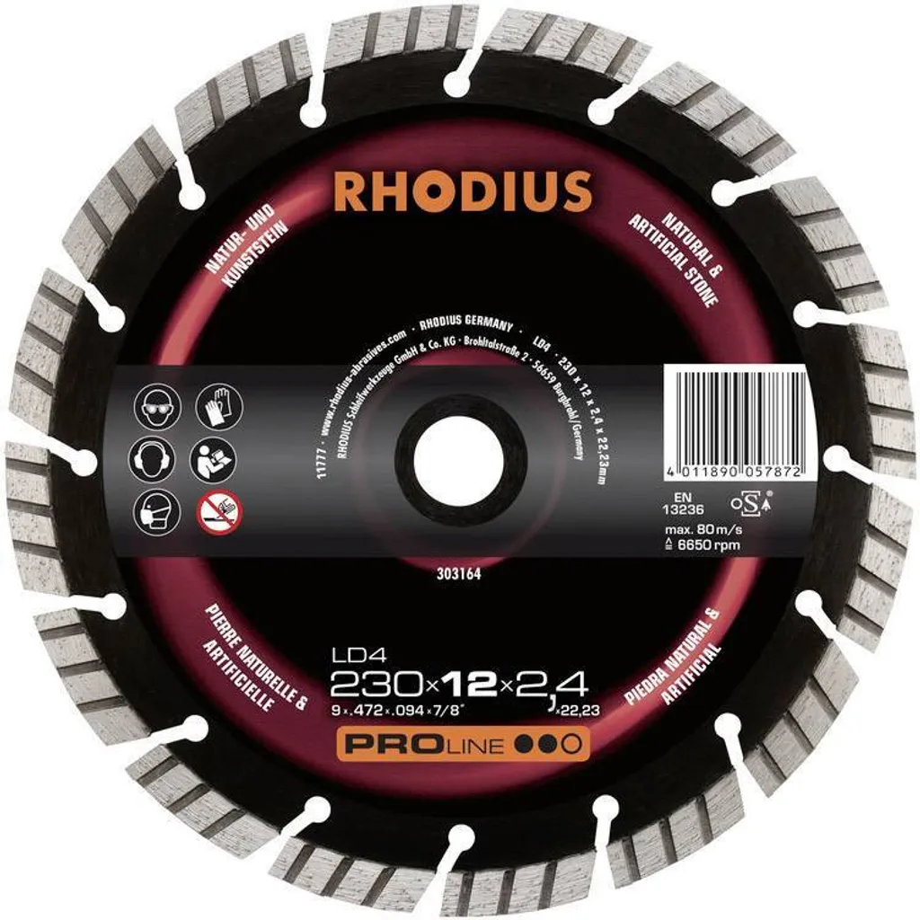 Coupe nette sans éclats : Disque diamant Rhodius LD4 180mm pierre dure
