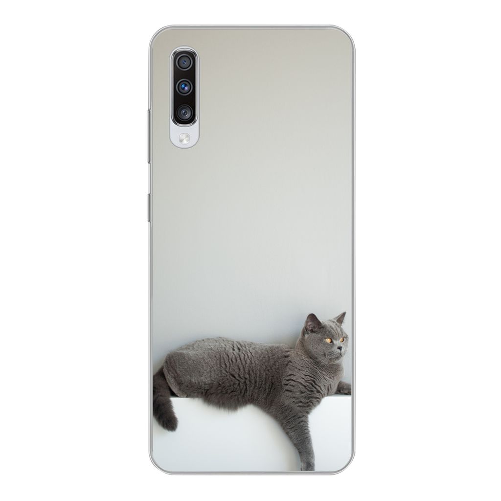 MuchoWow Handyhülle Schutzhülle Hülle für Samsung Galaxy A70 Katze - Britisch Kurzhaar - Grau - Mädchen - Kinder - Jungen - Kinder Silikon S...