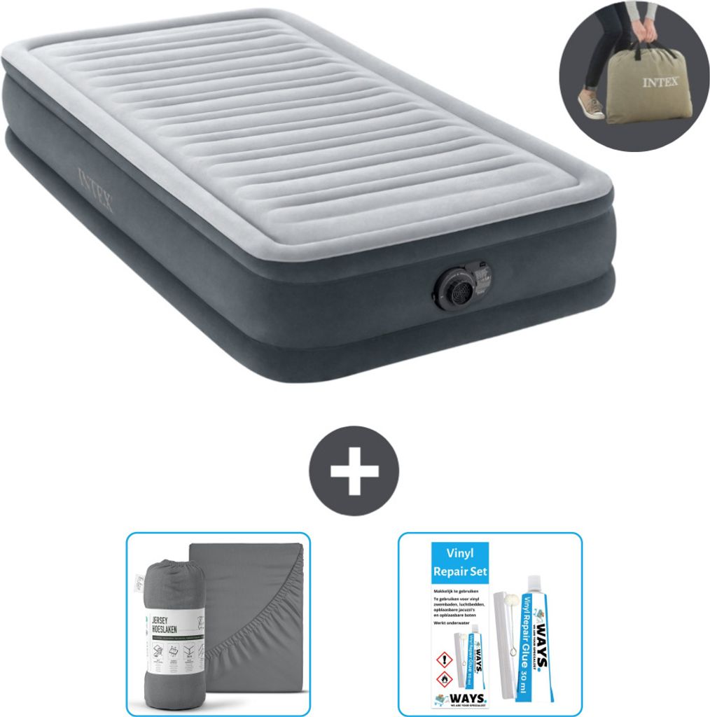 Intex Luftbett - 1 Person - 99 x 191 x 33 cm - Grau - Inklusive Pumpe - Spannbettuch en Reperaturset