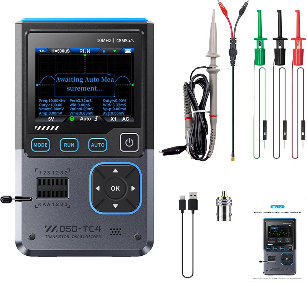DSO-TC4 Multifunktionales Handheld Oszilloskop mit Transistortester und Signalgenerator, 10 MHz Bandbreite, 48MSa/s Abtastrate, 2,8" TFT Farbdisplay