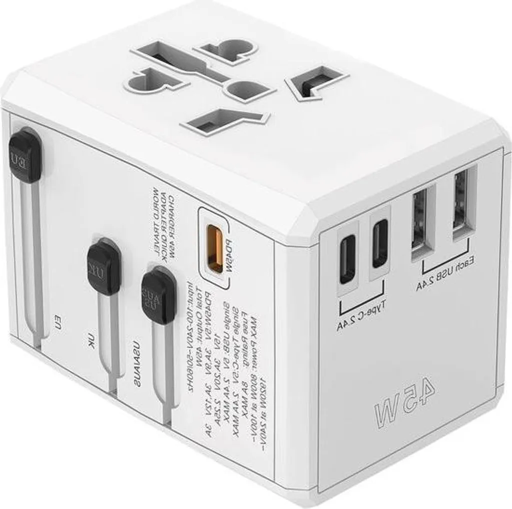 Adaptateur secteur universel monde PD 45W avec USB-C et 5 ports Blanc