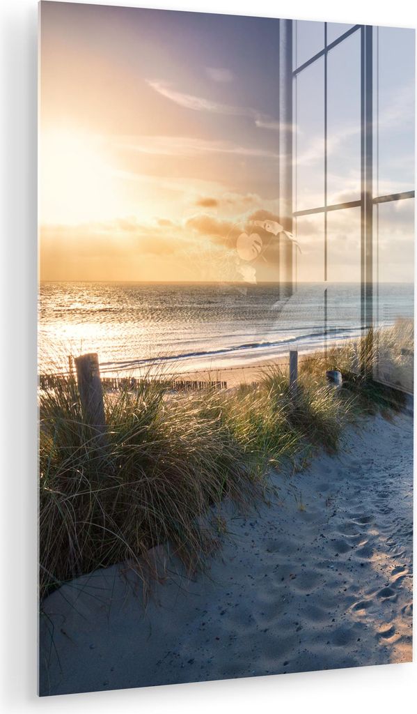 MuchoWow Glasbilder - Bilder auf Wandbild - Foto auf Glas Sonnenuntergang - Strand - Düne - Gras - Bank 40x60 cm Wanddekoration aus Glas - Acrylgl...