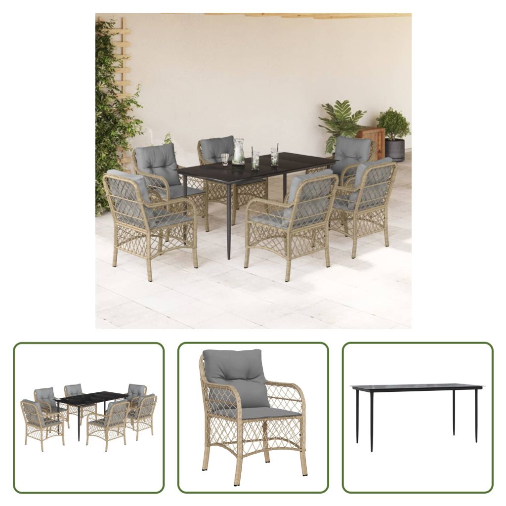 The Living Store 7-tlg. Garten-Essgruppe mit Kissen Beigemischung Poly Rattan