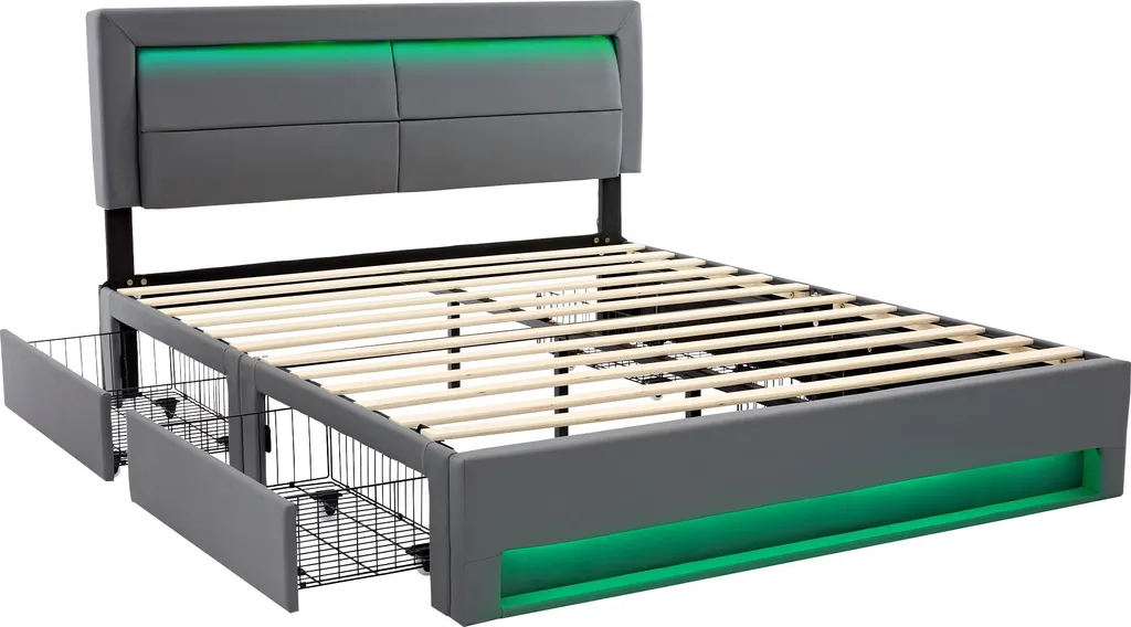 Lit Double Gris 140x200 cm en Polyuréthane avec Chargeur Induction