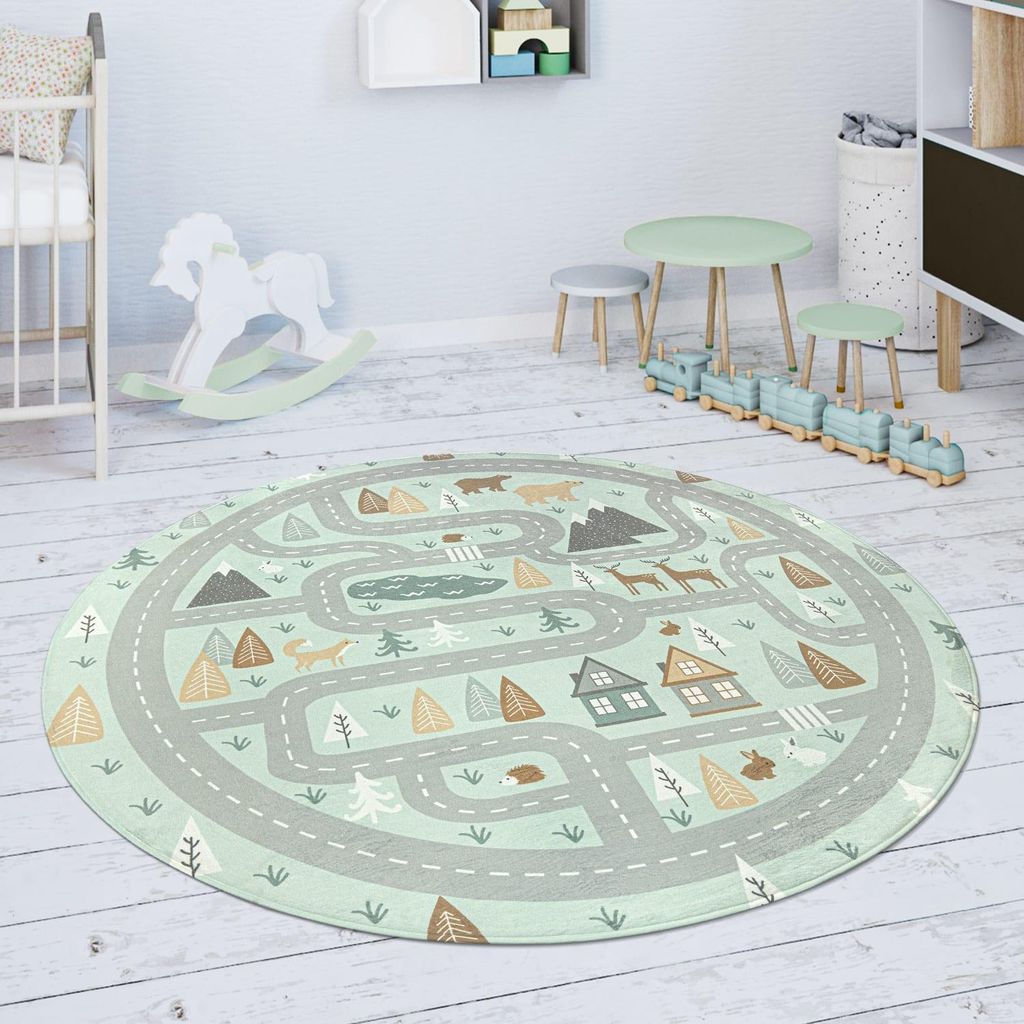 Kinderteppich waschmaschinenwaschbar Waldwege‐Muster Kinderzimmer schmutzabweisend Türkis Rund 120D | 100% Polyester | pflegeleicht