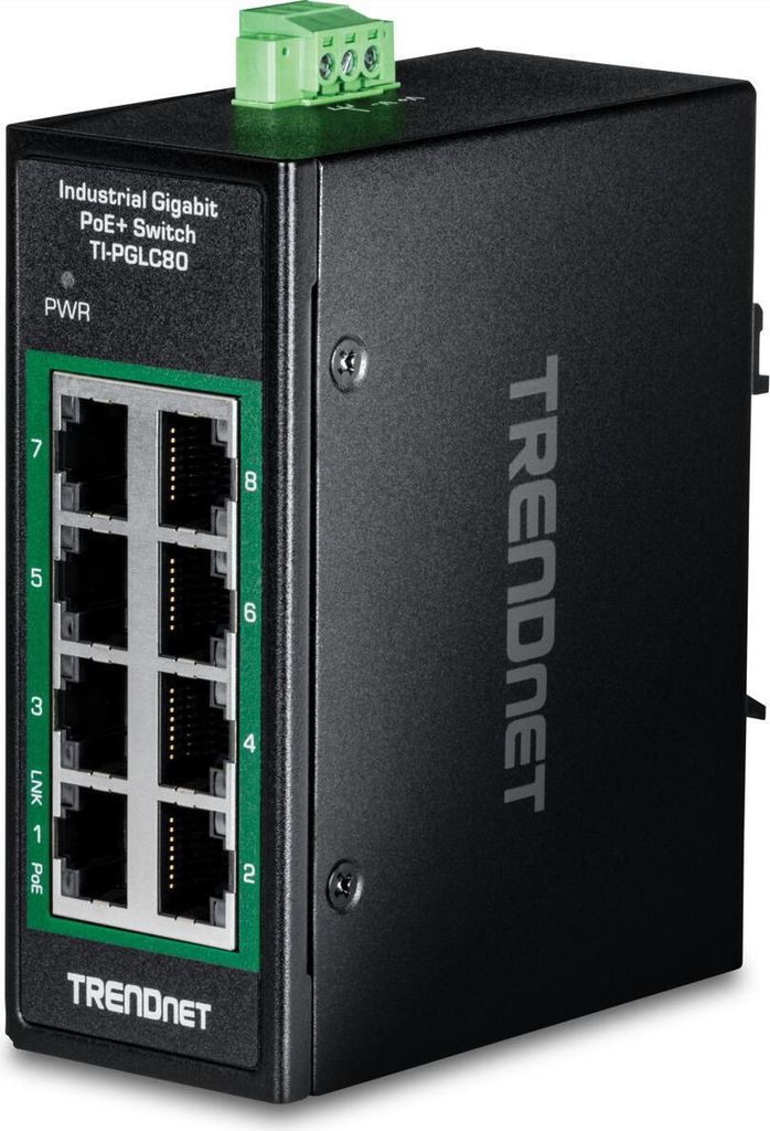 TRENDnet TI-PGLC80 8-Port Gigabit PoE+ Industrial DIN-Rail Mini Switch