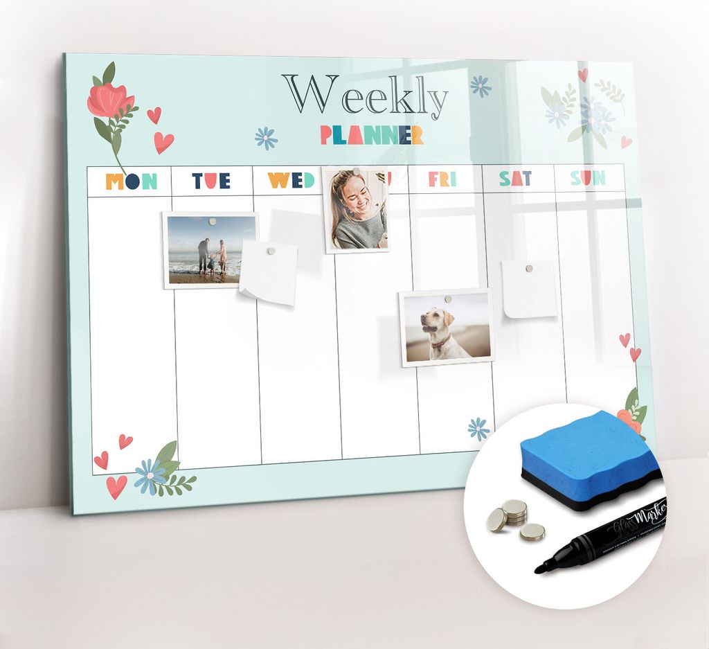 Magnetpinnwand Memoboard - Zubehörsatz - Schwarzer Marker + Schwamm + Magnete - 100 x 70 cm - Wochenplaner