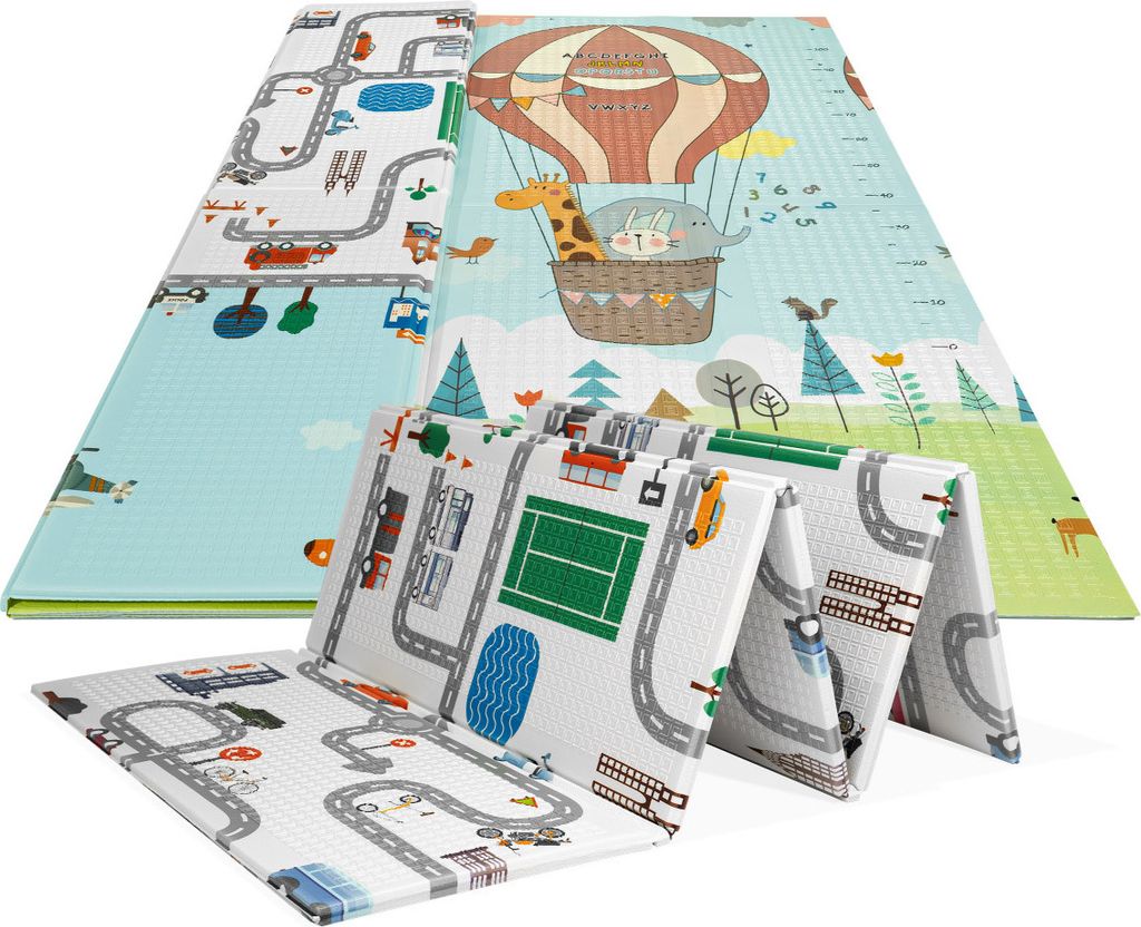 Kindermatte Tulano Gioco 10 Doppelseitige Spielmatte Krabbelmatte 180x200x1cm | XPE-Schaumboden | Rutschfest Wasserdicht Tragbar | Stadt/Ballonfahrt