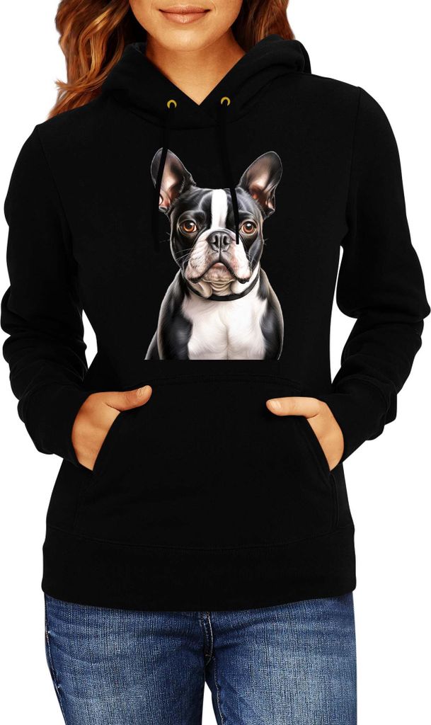 Damen Kapuzenpullover Dogs Breeds Boston Terrier Dog Breed 007, Lady M / Schwarz