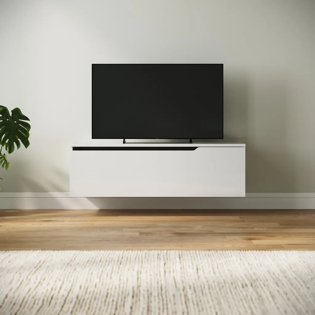 Banc TV suspendu blanc laqué 100 cm meuble de salon design avec LED