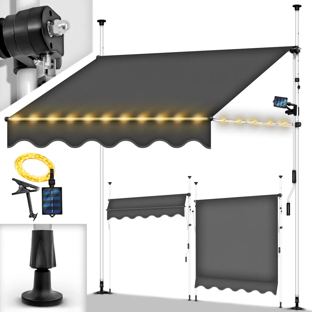 tillvex tenda a pinza 400 cm grigio con LED solare con manovella balcone | tenda da balcone senza foratura | tenda resistente ai raggi UV e regolabile in altezza | protezione solare impermeabile
