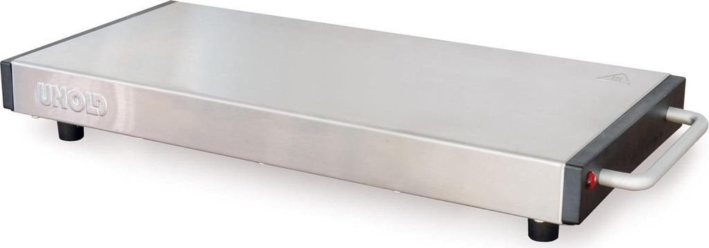 A silver warming plate with black edges and a silver handle, set against a white background.