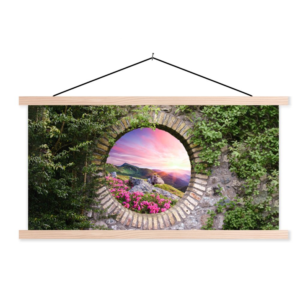 MuchoWow Textilposter Landschaft - Blumen - Aussicht - Berg 120x60 cm mit holzfarbenen Rahmen - Klemmleiste
