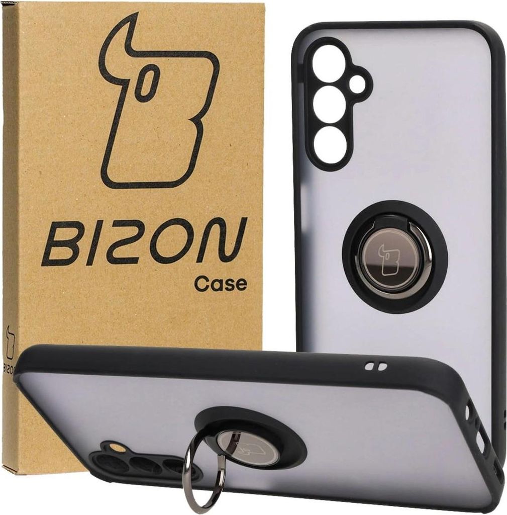 Bizon Case Hybrid Ring Fingerringhülle für Galaxy M14 5G, Rauch mit schwarzem Rahmen