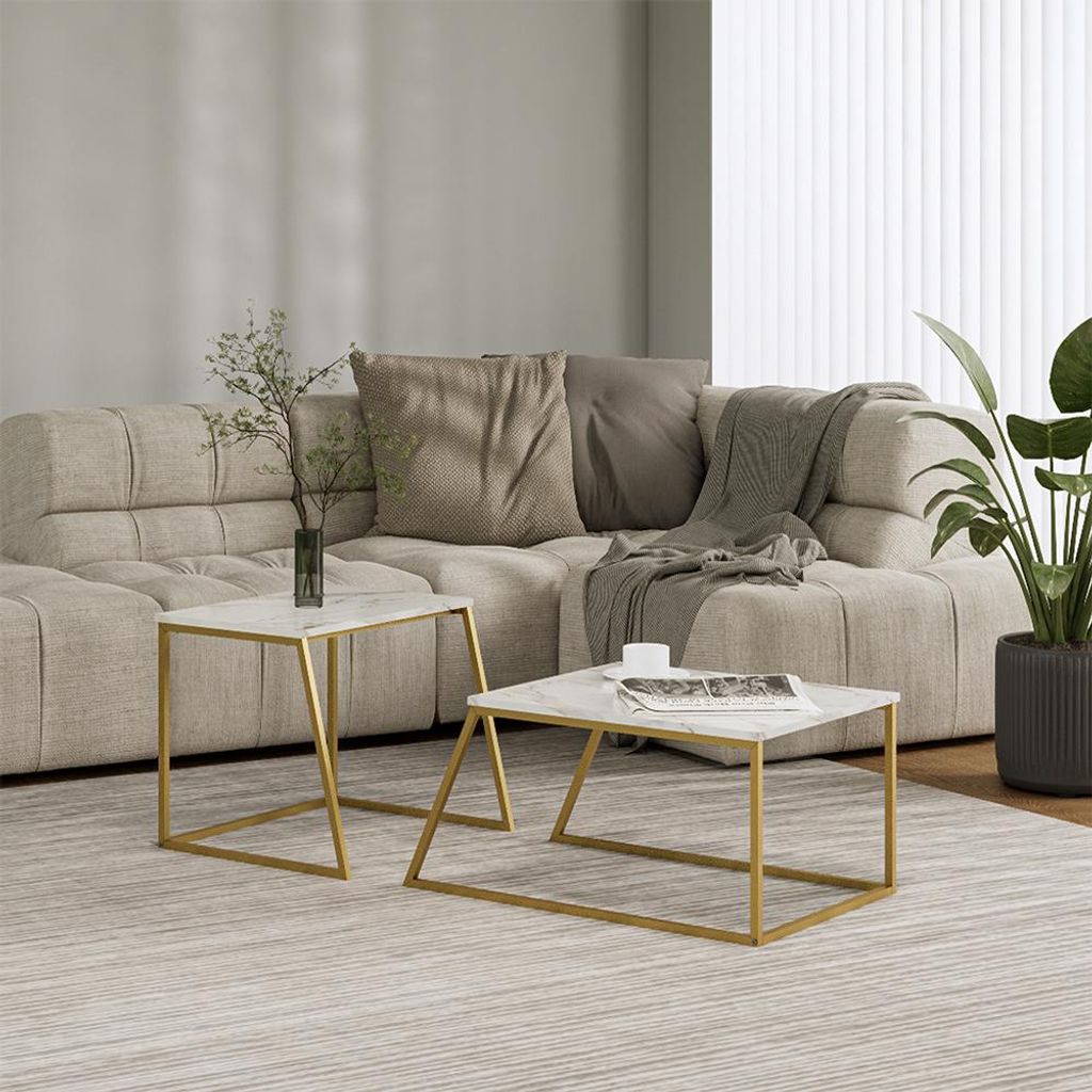 Vicco Couchtisch-Set Myra, 60 x 50 cm 2 Teile, Marmor-Weiß/Gold/Marmor