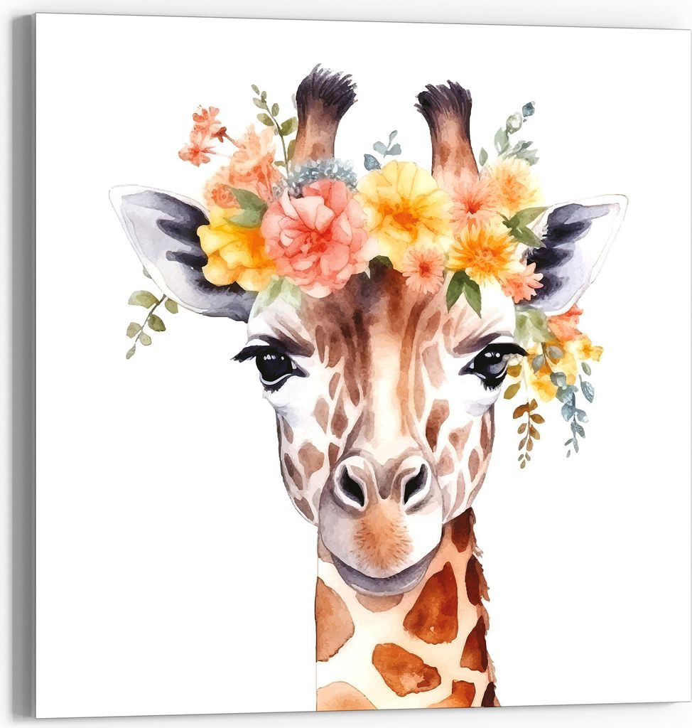 DEQOART Glasbild Echtglas 50x50 cm 'Blumige Giraffenfreude' Wandbild Bild modern Deko