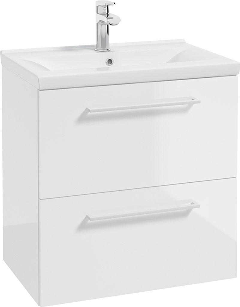 Einzel-Waschtisch in weiß Hochglanz lackiert mit Metallgriffen in weiß, 2 Schubladen und Keramikwaschbecken MESSINA-107, B/H/T ca. 62/65/41 cm