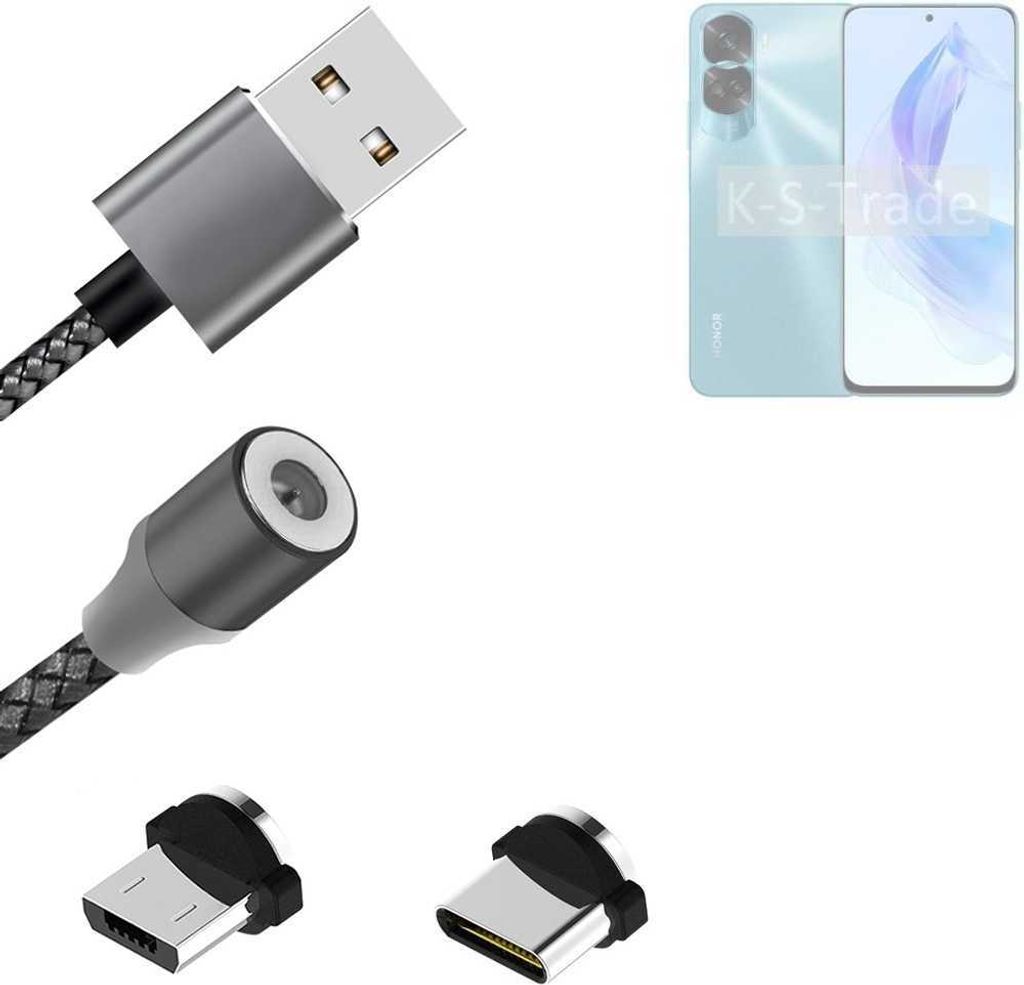 K-S-Trade Hochwertiges Magnet-Lade-kabel Sync-Kabel Daten-Kabel kompatibel mit Honor 90 Lite mit USB-Typ-C-Anschluss und Micro-USB-Anschluss 2A bis zu