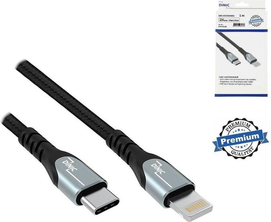 DINIC USB-C auf Lightning Sync- und Schnellladekabel, 1 m, Schwarz