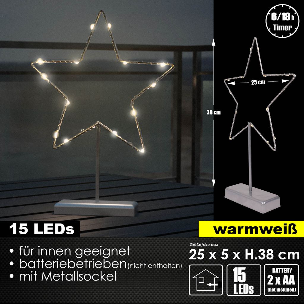A decorative LED star light with a stand, shown indoors on a wooden surface, with a smaller diagrammatic representation on the right.