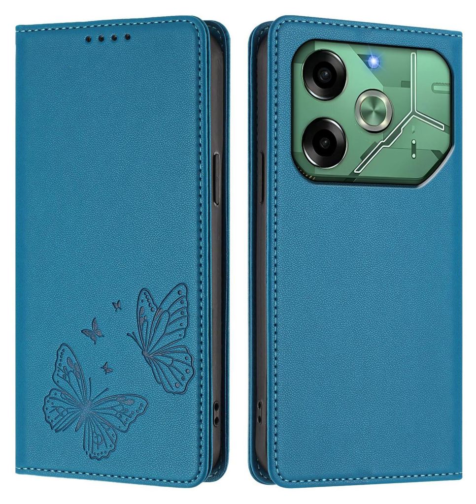 Lederhülle für Tecno Pova 6 4G, Schmetterling Prägung Leder Brieftasche Schutzhülle mit Ständer Blau