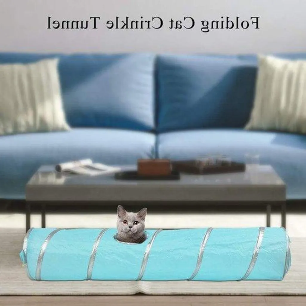 Tunnel chaton pliable 47,2 pouces bleu avec pompon et ouverture de sortie