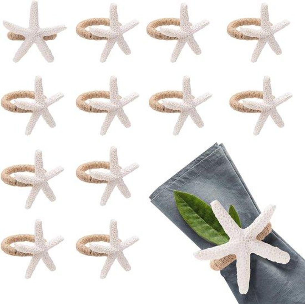 Rustische Serviettringe mit Seestern - Dekoration für Hochzeit und Strand - 12 Stücke - Weiß