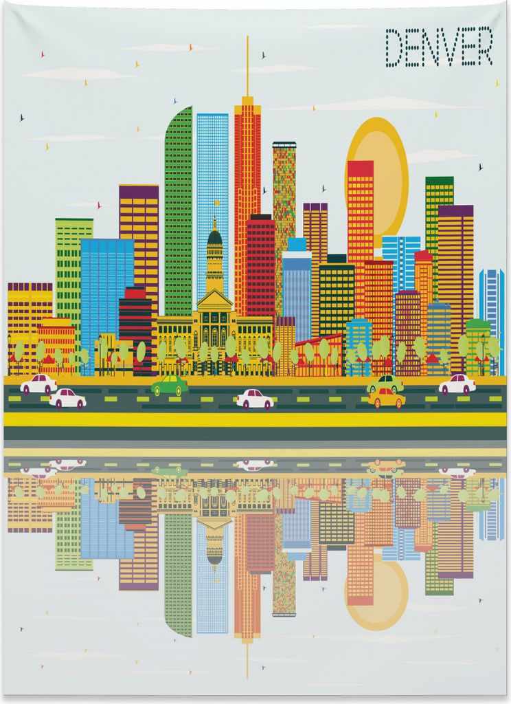 Abakuhaus Colorado Wandteppich, Denver Skyline Altstadt aus Weiches Mikrofaser Stoff Kein Verblassen Klare Farben Waschbar, 110 x 150 cm, Mehrfarbig
