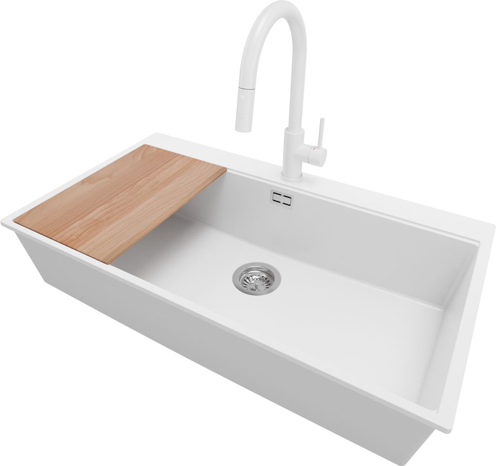 PRIMAGRAN Granitspüle Weiß 88x50cm, Spülbecken 1 Becken + Küchenarmatur 40x20cm + Ablauf-Set + Schneidebrett, Küchenspüle ab 90er Unterschran...