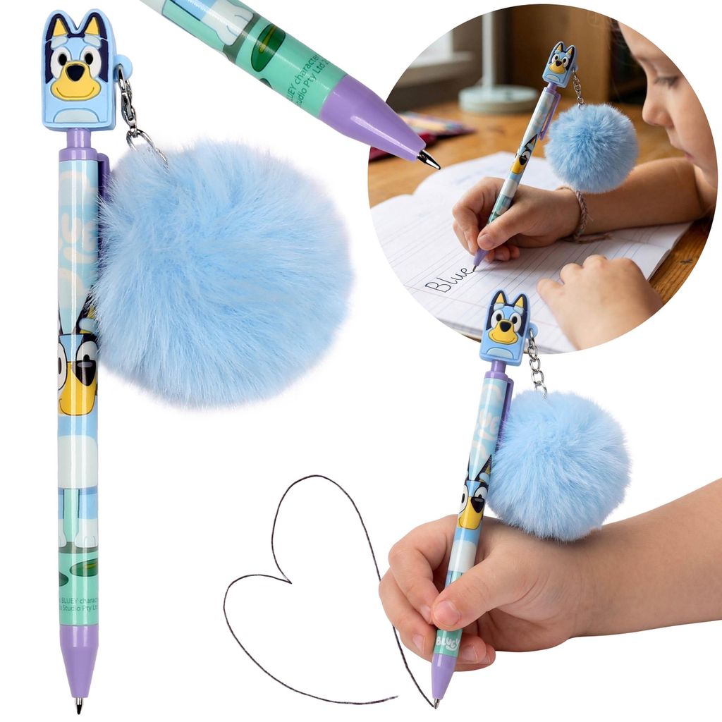 Bluey Kugelschreiber, schwarze Tinte, Schulkugelschreiber mit Topper und Schlüsselanhänger