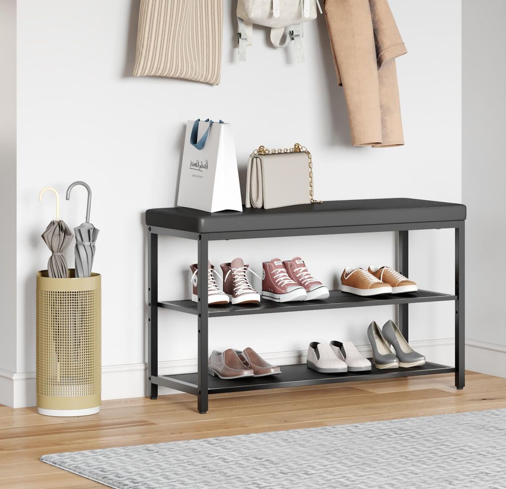 Mondeer Schuhbank mit Gitterablagen und Kunstleder-Sitzfläche Schuhregal mit Schaumstoffpolsterung und Metallrahmen 80*30*50cm Schuhschrank