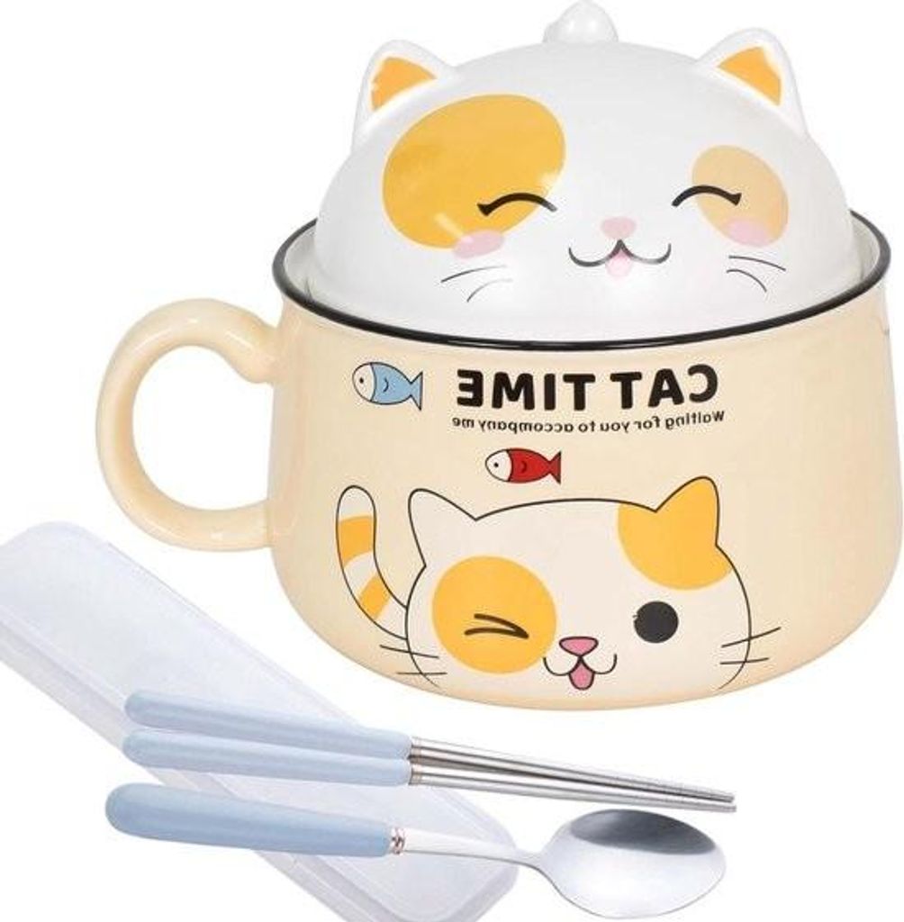 Ramen-Schüssel, japanische Schale, 1020 ml mit Deckel – Keramikschale – Instantnudelschale – Suppenschale – Dessertschale – gelb